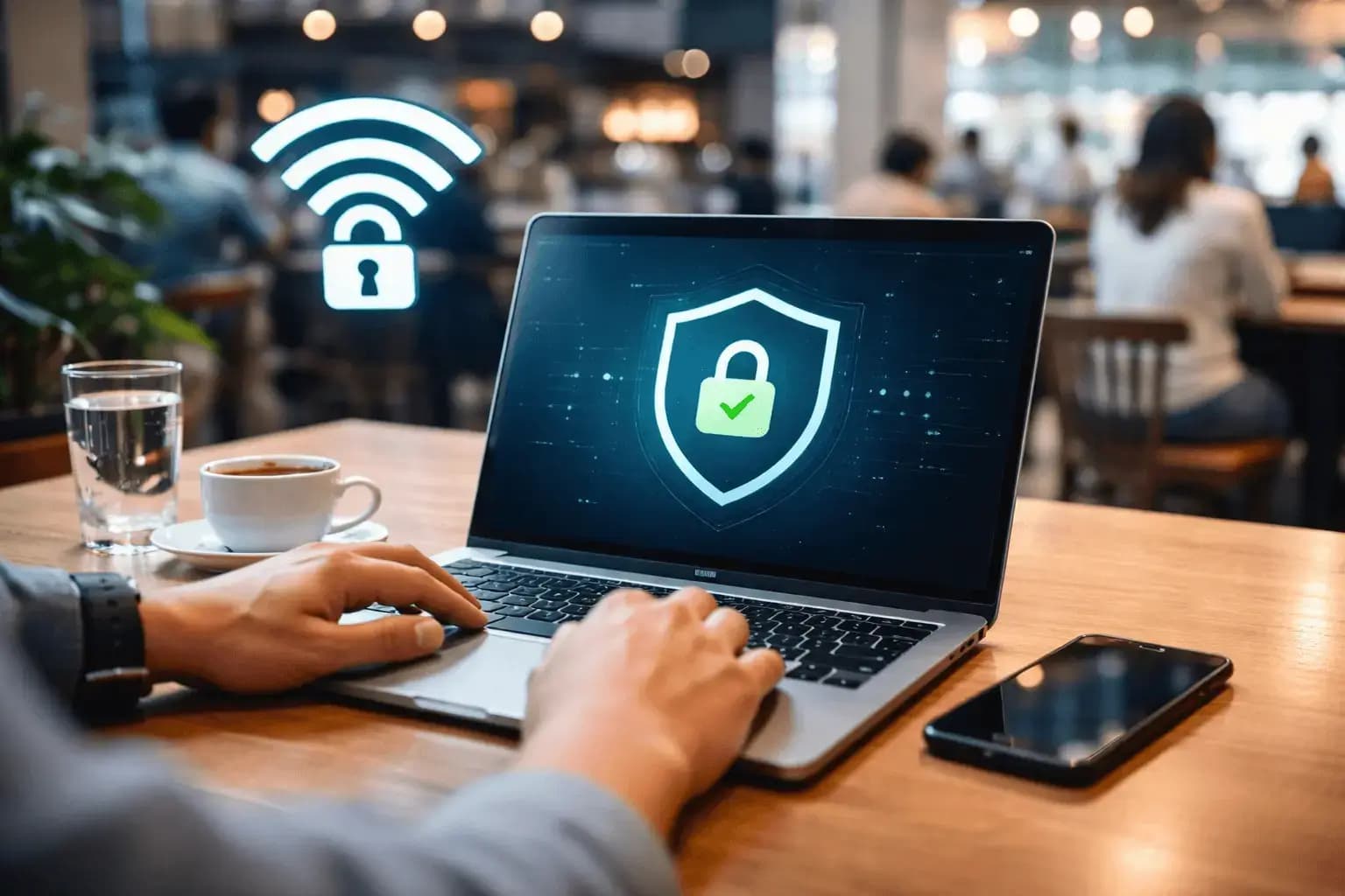 Ноутбук в публичном Wi-Fi с защитным экраном ClickVPN